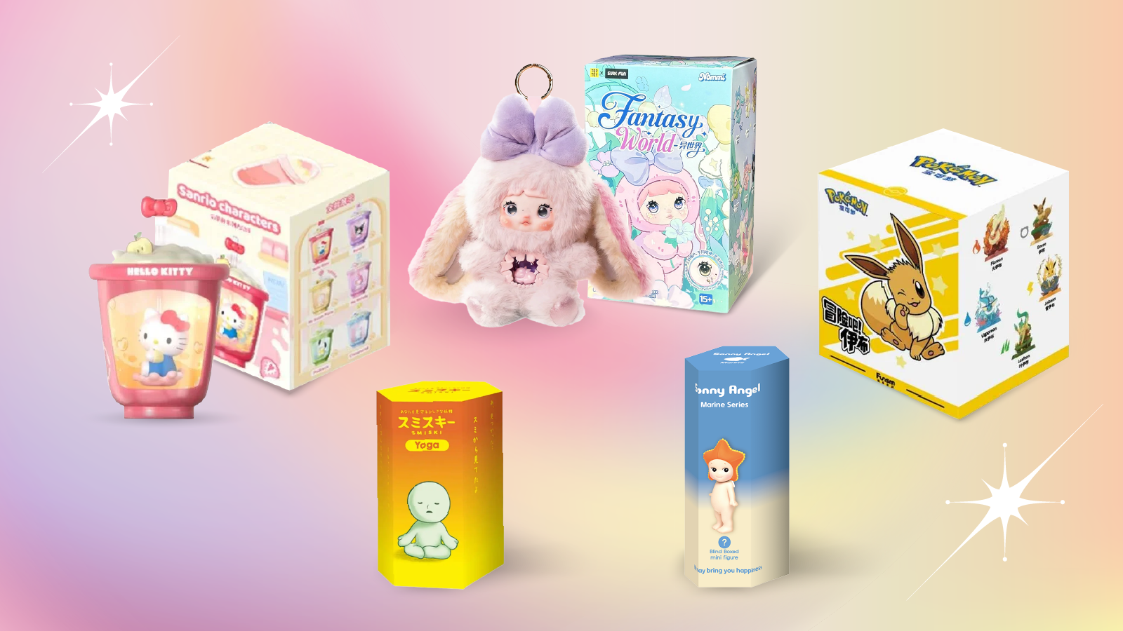 Designer toy blind boxes and collectible mystery figure boxes including Sonny Angel, Pokémon, and kawaii characters