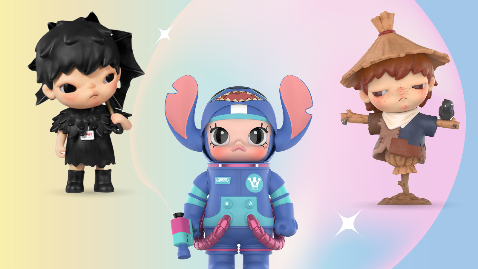 Confirmed designer toy figures and collectible vinyl figures including Pop Mart style characters and art toys