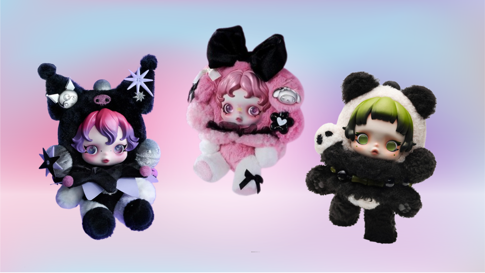 Kawaii collectible plush toys including Stitch plush, character plush dolls, and designer toy plush figures