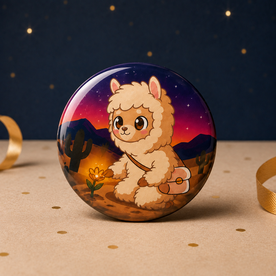 A round glossy pinback button featuring a cute cartoon alpaca in a desert landscape at night, displayed on a kraft paper surface with gold confetti dots and a dark blue starry background.