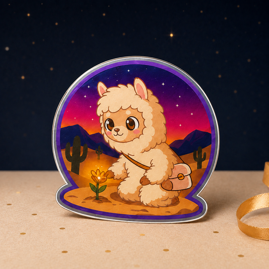 A die-cut sticker or magnet featuring a cute cartoon alpaca in a desert landscape at night, displayed on a beige surface with a dark starry background.