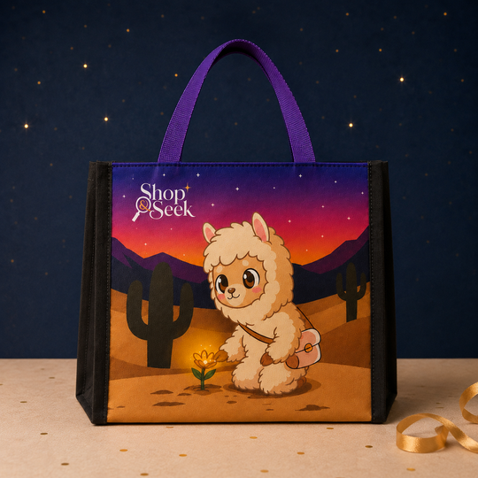 A Shop Seek branded canvas tote bag with purple handles, featuring a colorful desert illustration of Alpapa a cute fluffy alpaca in a desert landscape at sunset, displayed on a tabletop against a dark starry background.