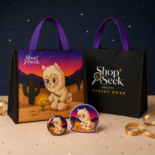 Desert Dusk Seeker Pack featuring front and back views of the illustrated tote, collectible Alpapa pin and round button