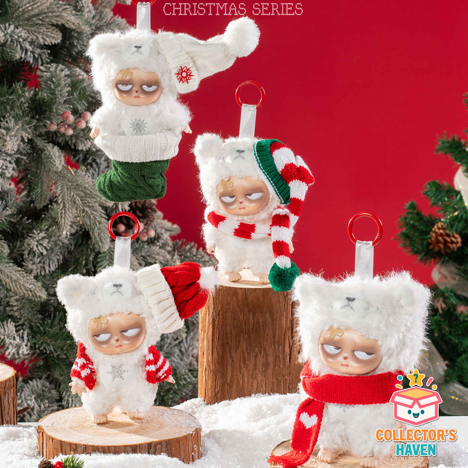 Set of Sleepless Grumpipi Christmas themed plush pendants toy with festive outfits on a red background.